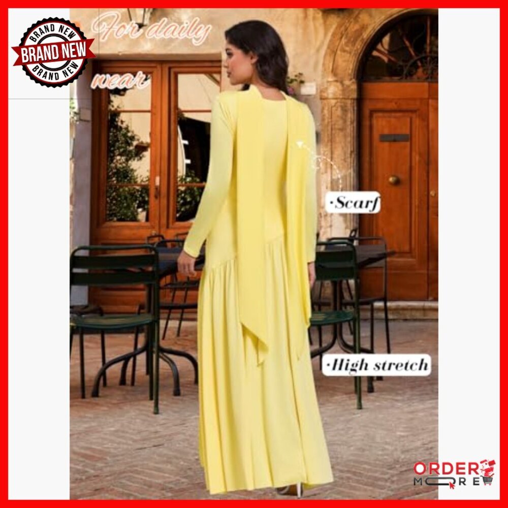 Maxi Dress with Scarf, Drop Waist High Slit Square Neck Long Sleeve Formal - Picture 5 of 7